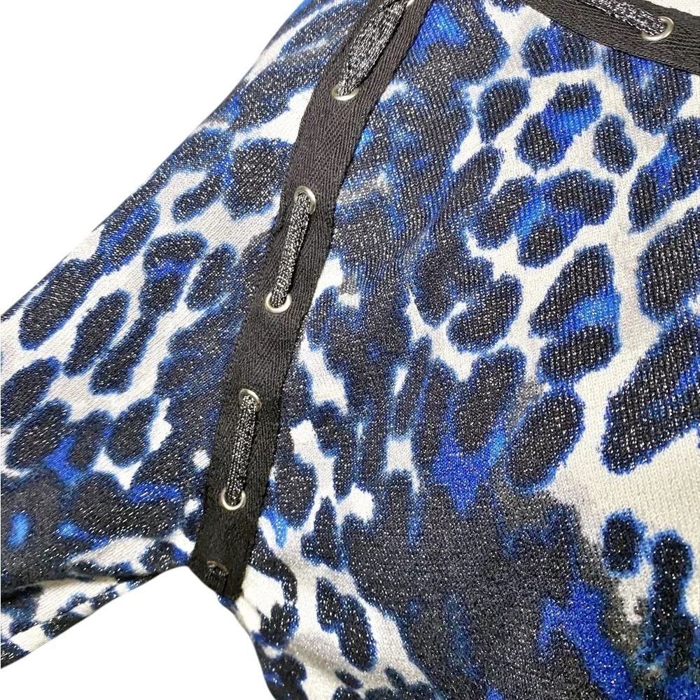 Sharon Young Black and Blue Animal Print Shimmer Long Sleeve Cardigan - Picture 5 of 15